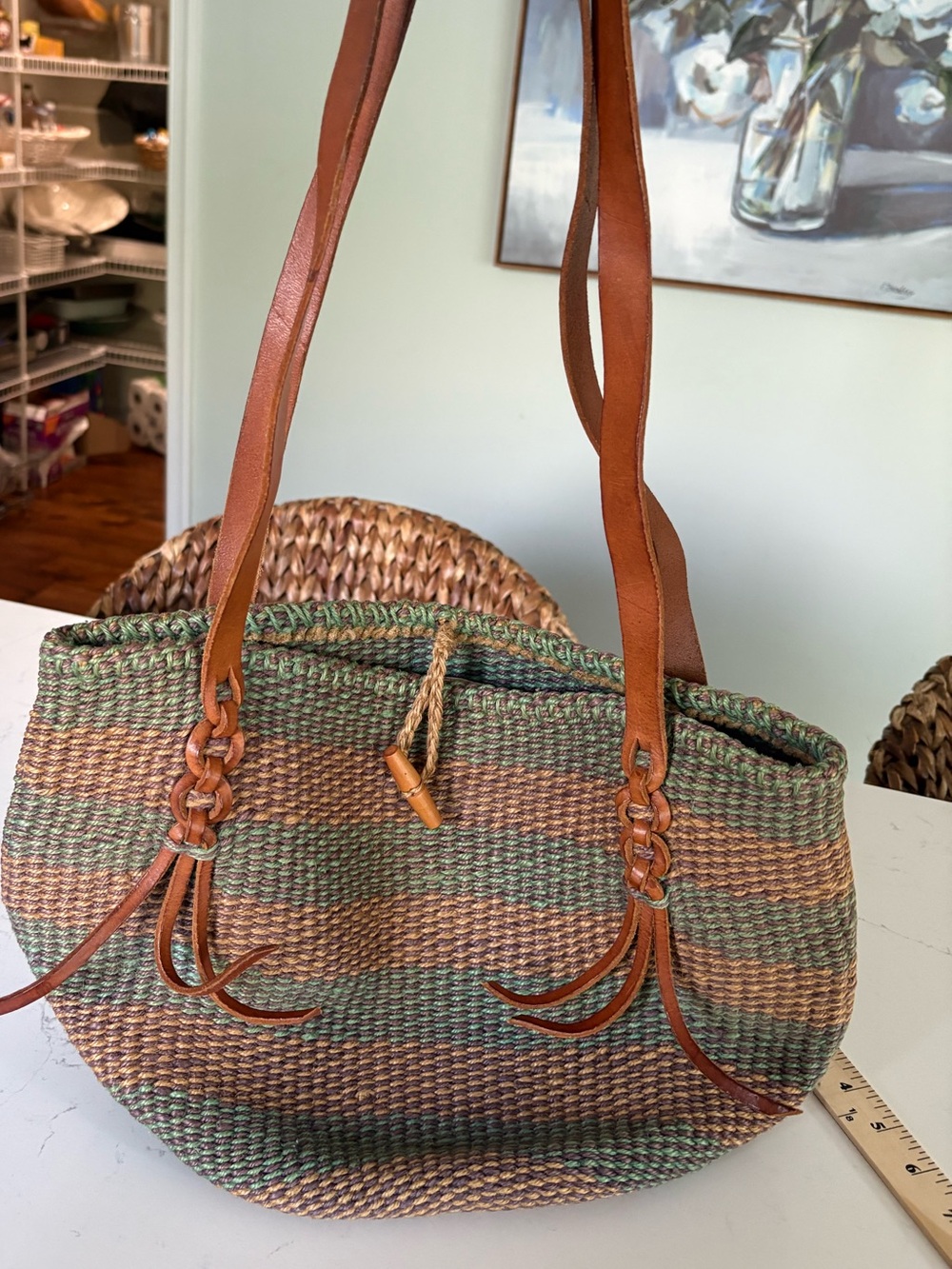 Denim & Supply Ralph Lauren Green and Brown Woven Tote with Leather Straps